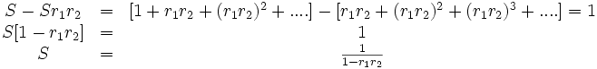\begin{matrix} S - S r_1 r_2&=&[1 + r_1 r_2 + (r_1 r_2)^2 + ....]  -  [ r_1 r_2 + (r_1 r_2)^2+ (r_1 r_2)^3 + ....] = 1 \\ S [1 - r_1 r_2]&=&1\\ S &=& \frac{1}{1 - r_1 r_2} \end{matrix}